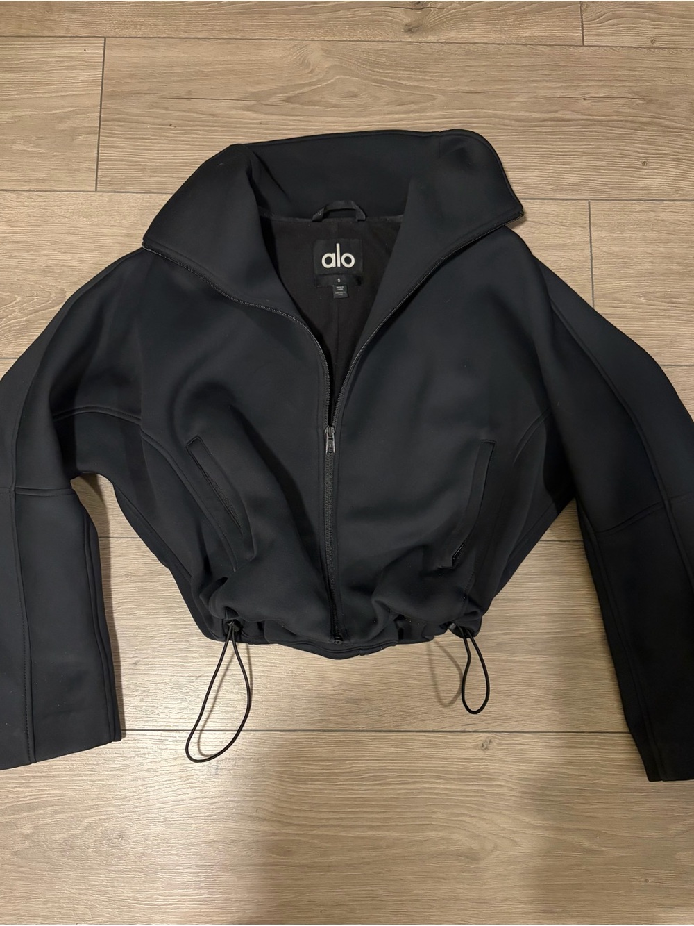 ALO Yoga Black Cropped Bomber Jacket with Drawcord Hem
